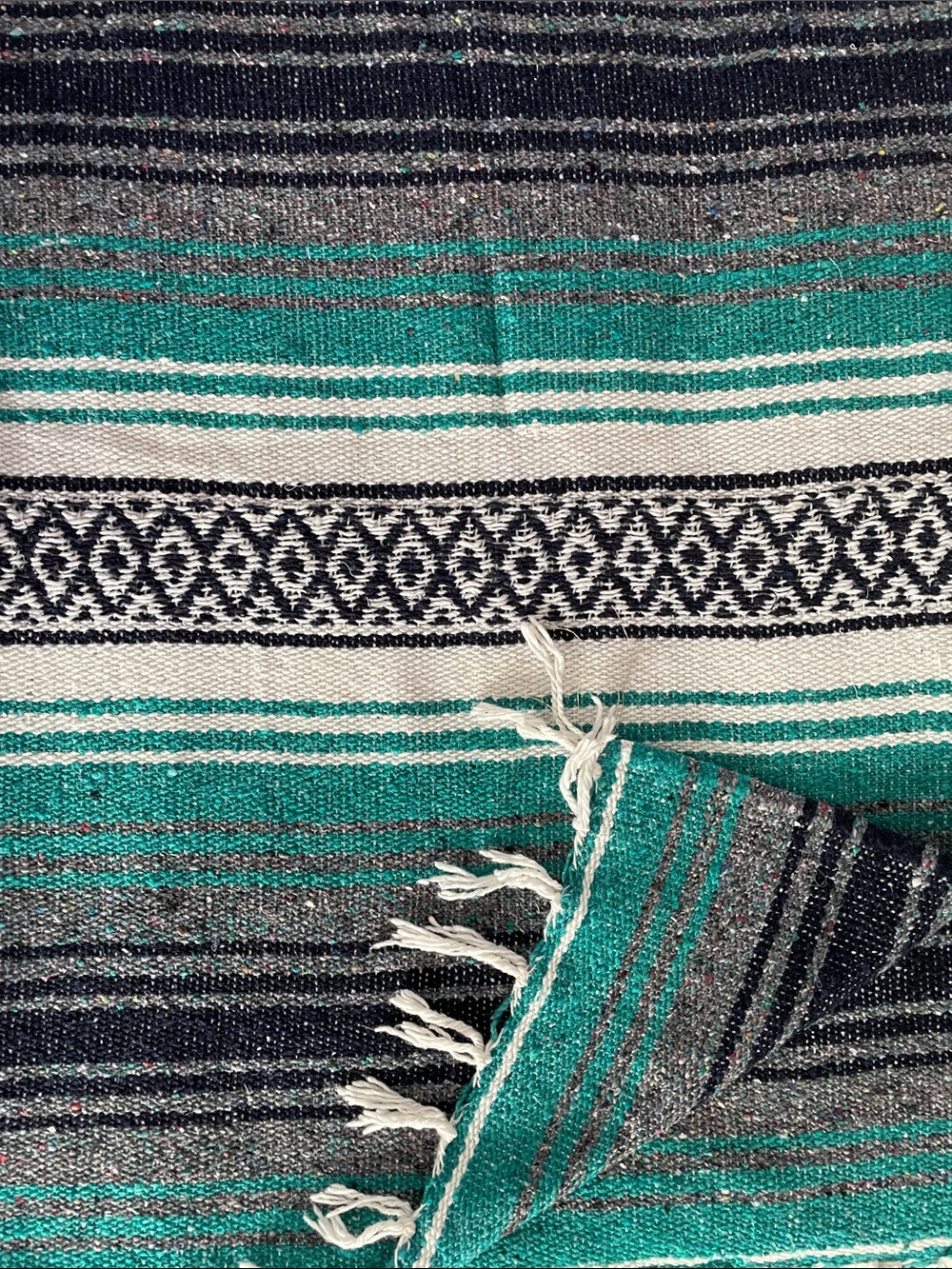 Striped Teal and Black Mexican Baja Blanket